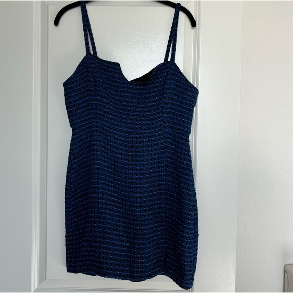 NWT Zara Textured Tweed Weave Blue Tank Mini Dress Spaghetti Straps Sz L - Picture 1 of 13